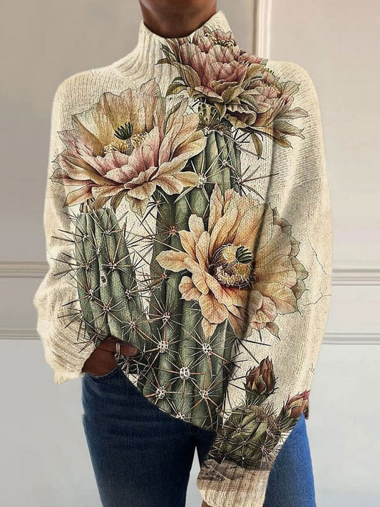 Vintage Dim Cactus Flower Art Print Knit Turtleneck Pullover Sweater