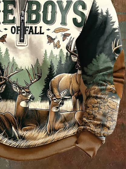 Men's Vintage Outdoor Deer Hunting Print Zip-Neck Sweatshirt