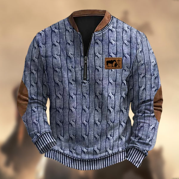 Men's Vintage Western Kneeling Cowboy Knit Print Zipper Stand Collar Casual Sweatshirt