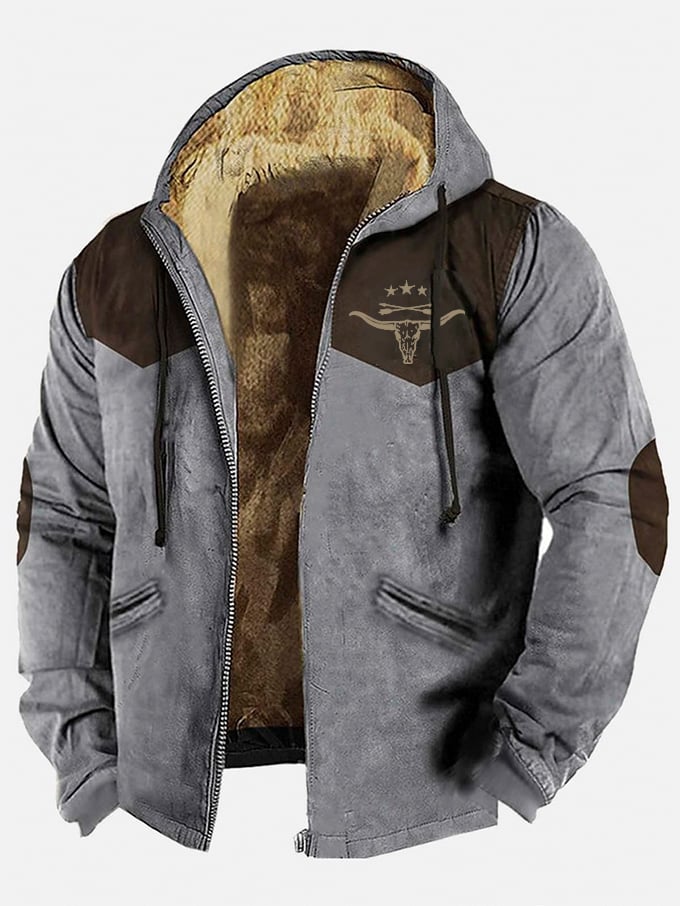 Men's Western Aztec Cow Head Print Zippered Velvet Hooded Jacket