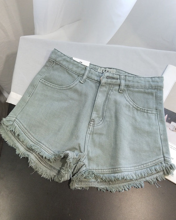 Solid Color Retro High Waist Raw Edge Fringed Denim Shorts