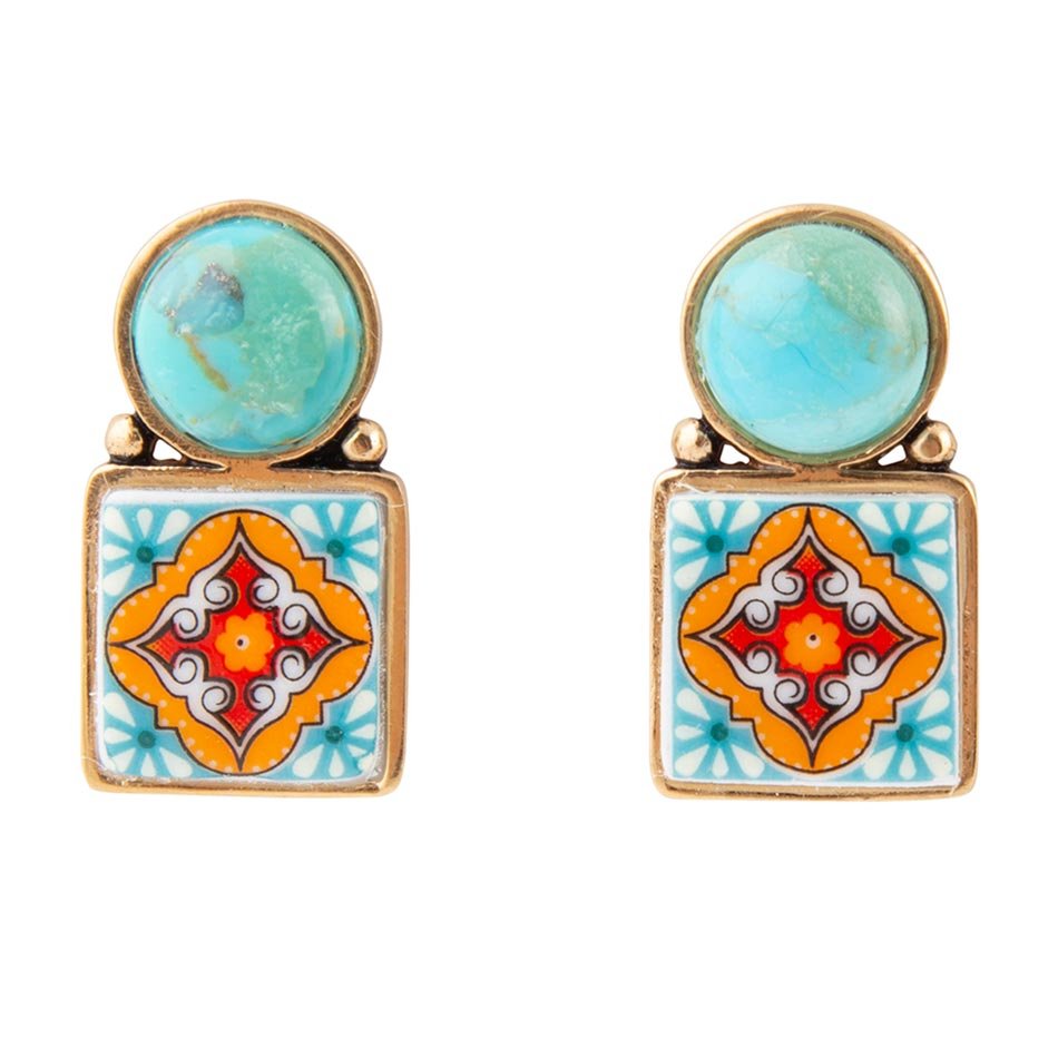 Barse Talavera Tile Blue Turquoise Golden Drop Earrings