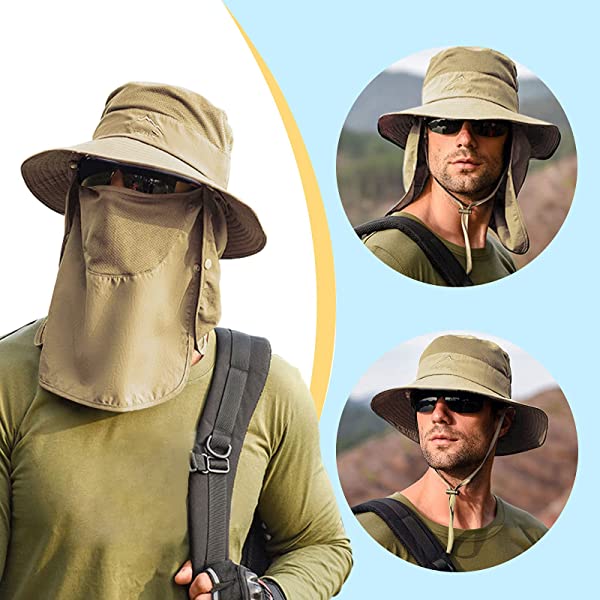 Fishing Hat for Men & Women, Outdoor UV Sun Protection Wide Brim Hat with Face Cover & Neck Flap Army Green