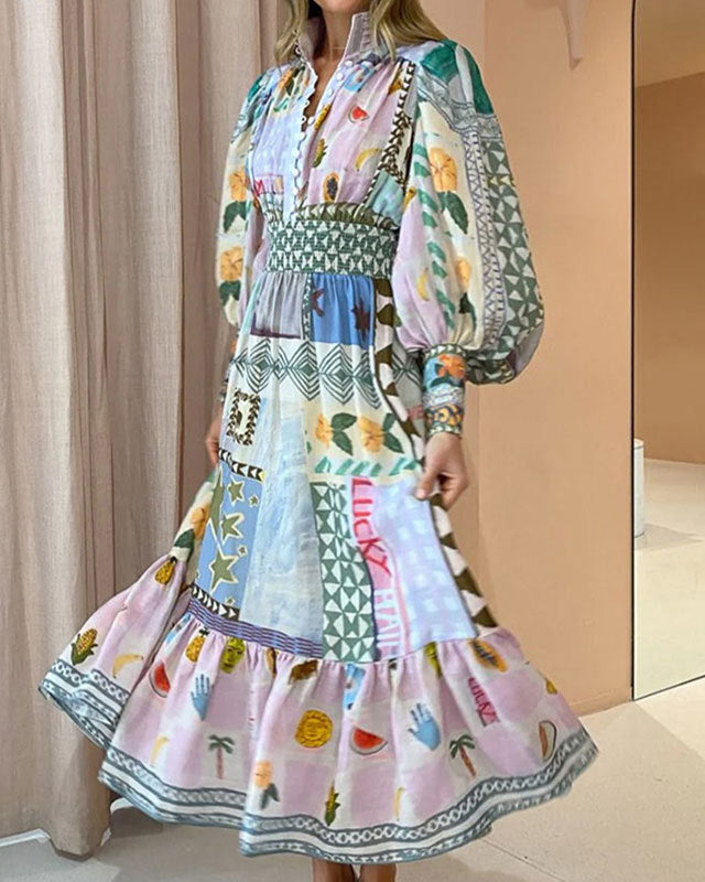 Printed and Painted Long-Sleeved Fashionable Casual Long Dress