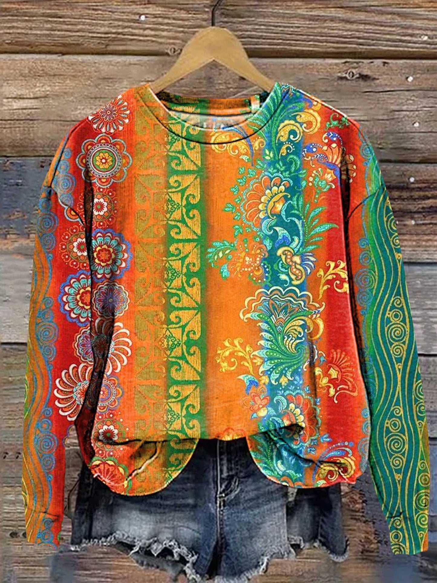 Retro Ethnic Floral Pattern Casual Sweatshirt