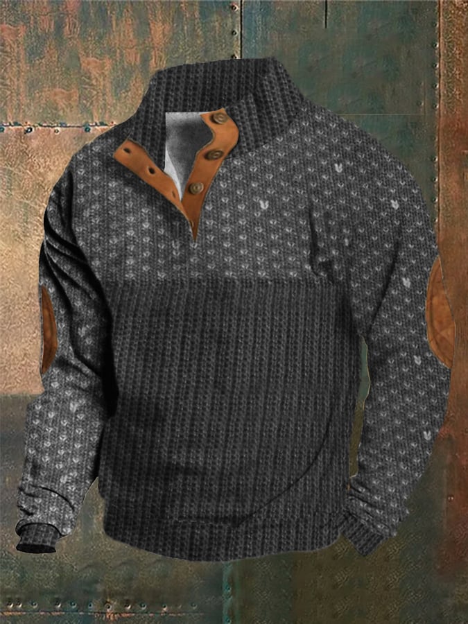 Men's Western Vintage Knitted Jacquard Print Stand Collar Button Sweatshirt