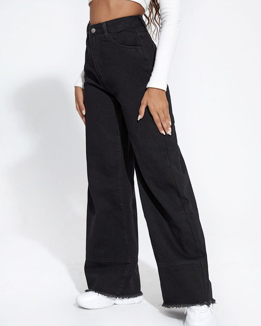 High-Waisted Wide-Leg Jeans Raw-Edge Loose Trousers