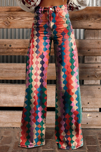 Vintage Plaid Print Flared Trousers