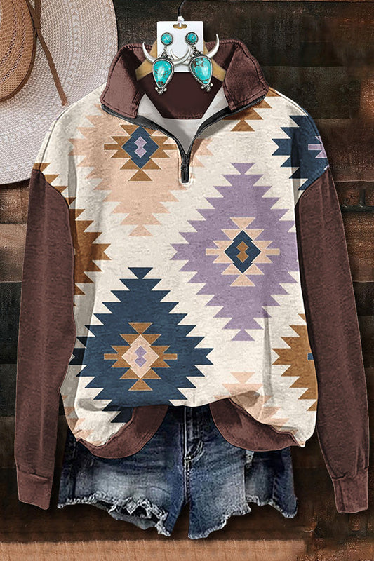 Contrast Color Aztec Printed Zipper Sweatshirt