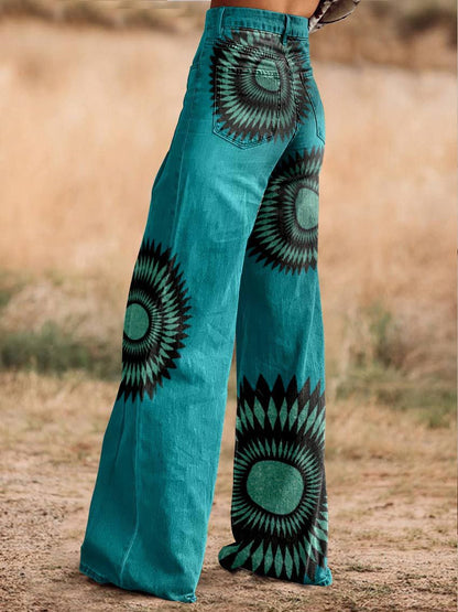 Women's Green Print Casual Wide Leg Pants