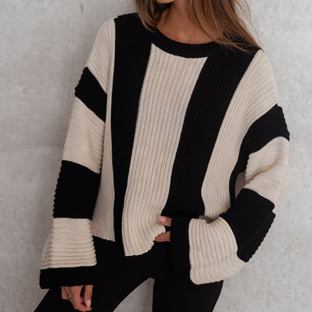 Loose Large Size Vertical Striped Contrast Color Round Neck Long Sleeve Knitted Sweater For Women