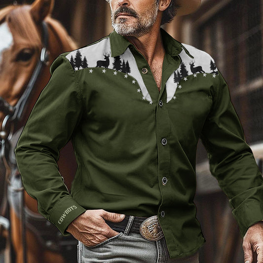 Men's Western Nomad Elk Western Cowboy Print Long Sleeve Shirt