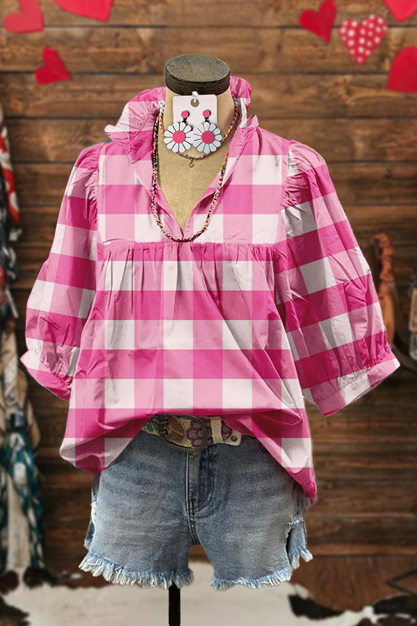 Sweet Plaid Print Puff Sleeve Blouse