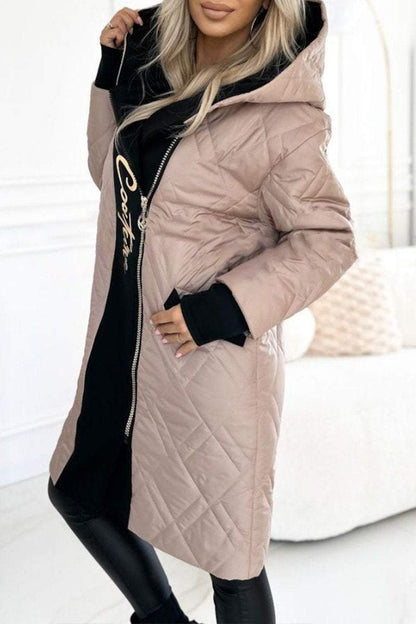 Women's Hooded Zippered Letter Print Long Coat