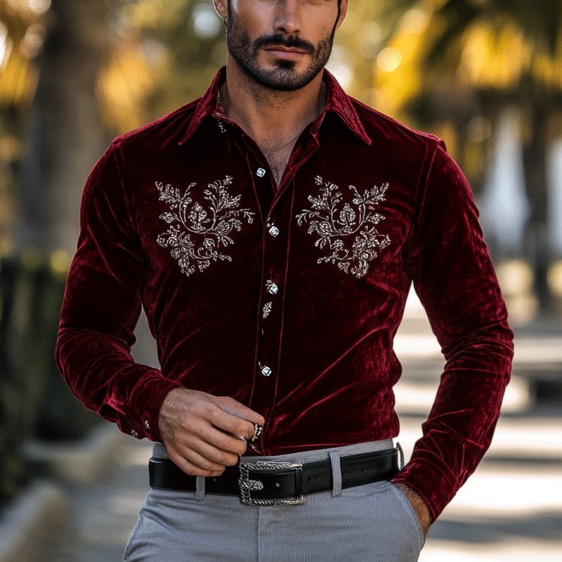 Men's Regular Fit Crushed Embroidery Velvet Shirt