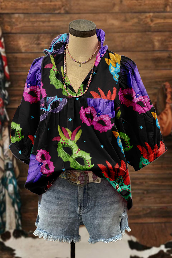 Stylish Mardi Gras Puff Sleeve Blouse