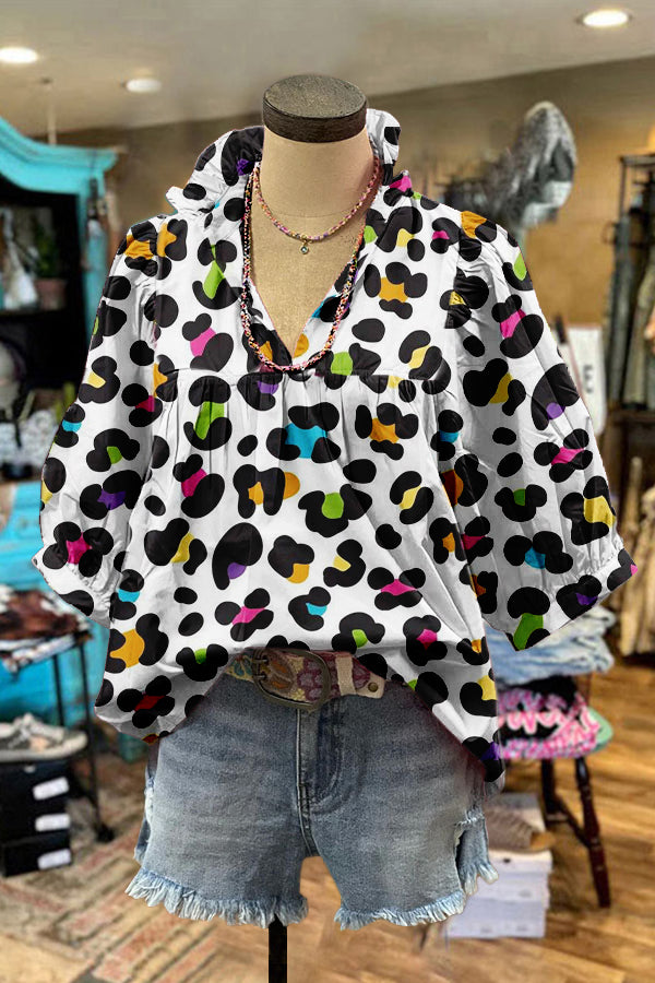 Cute Mardi Gras Leopard Print Puff Sleeve Blouse