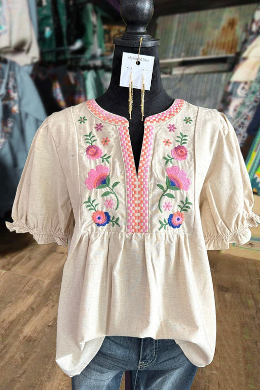 Floral Embroidered Cuff Short Sleeve Top