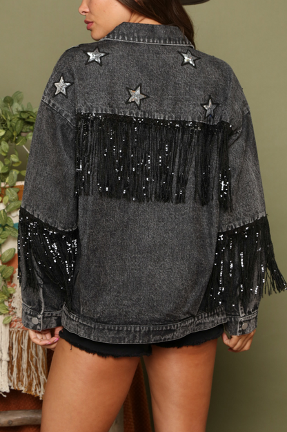 Star Sequined Tassel Denim Jacket