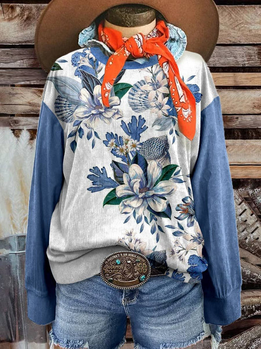 Women's Flower Casual Print Corduroy Sweatshirt