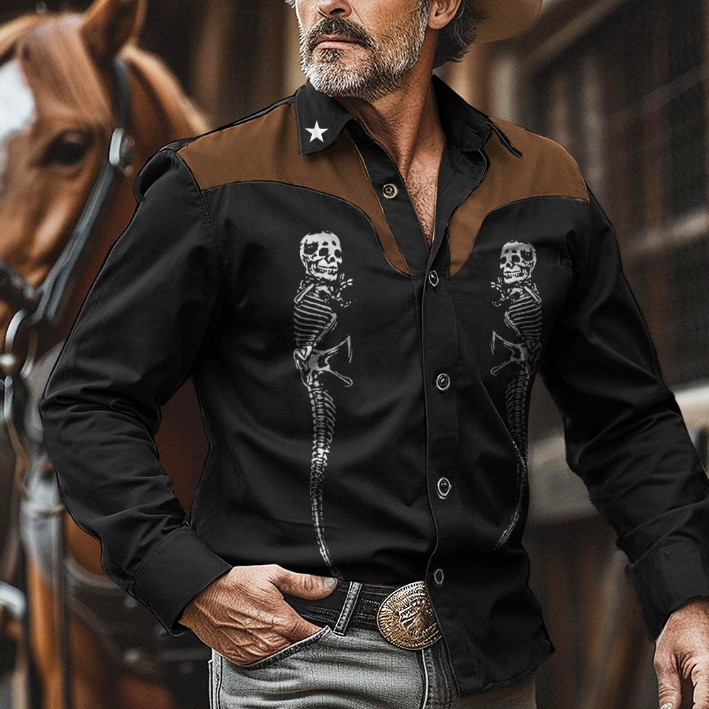 Men's Western Nomad Cowboy Skull Print Long Sleeve Shirt