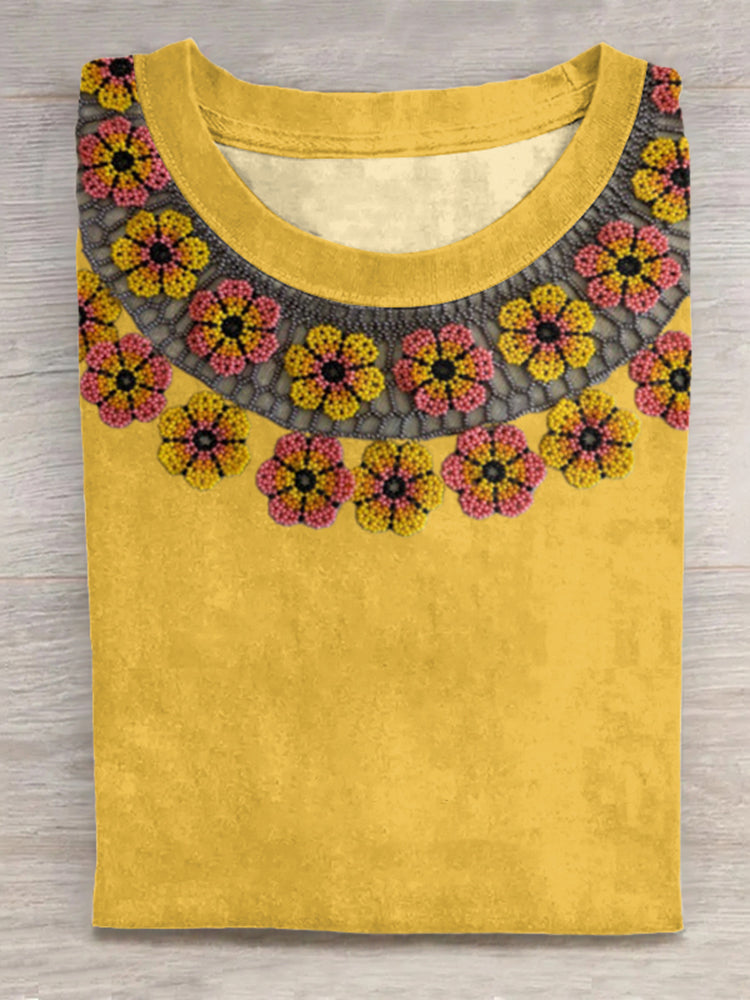 Vintage Ethnic Beaded Floral Print Women's T-Shirt