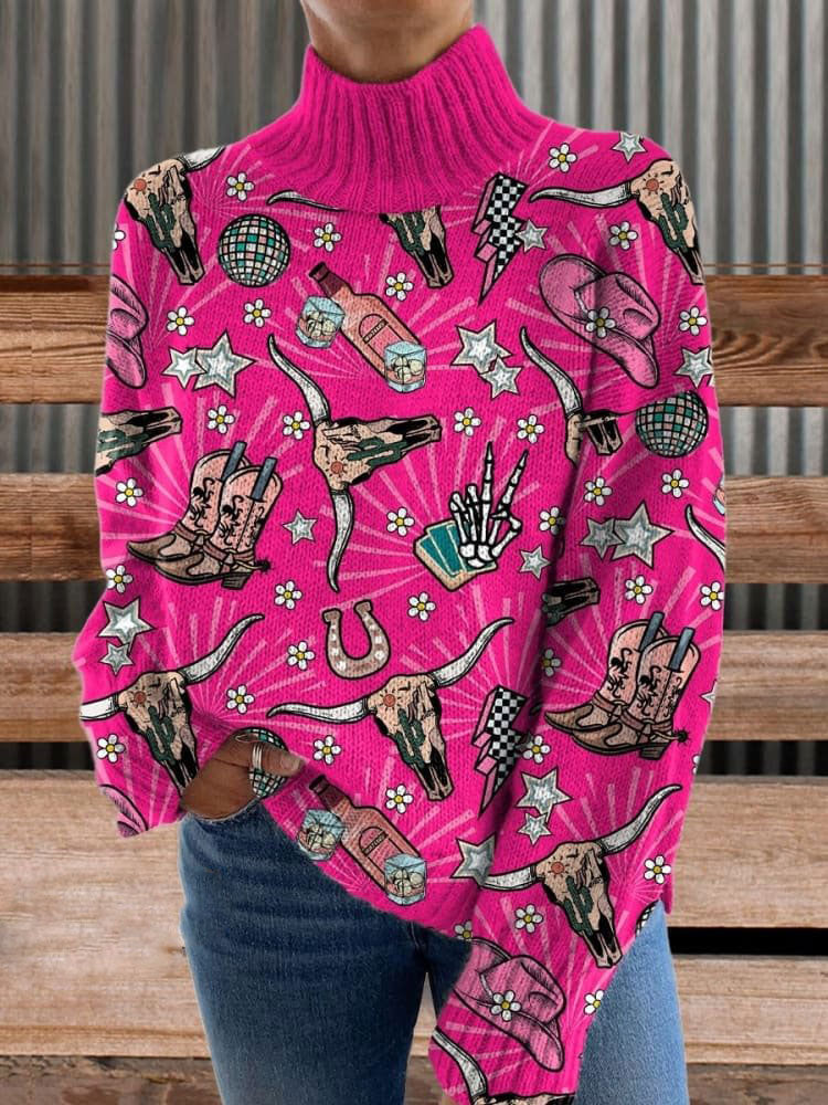 Cowgirl Print Knit Turtleneck Pullover Sweater