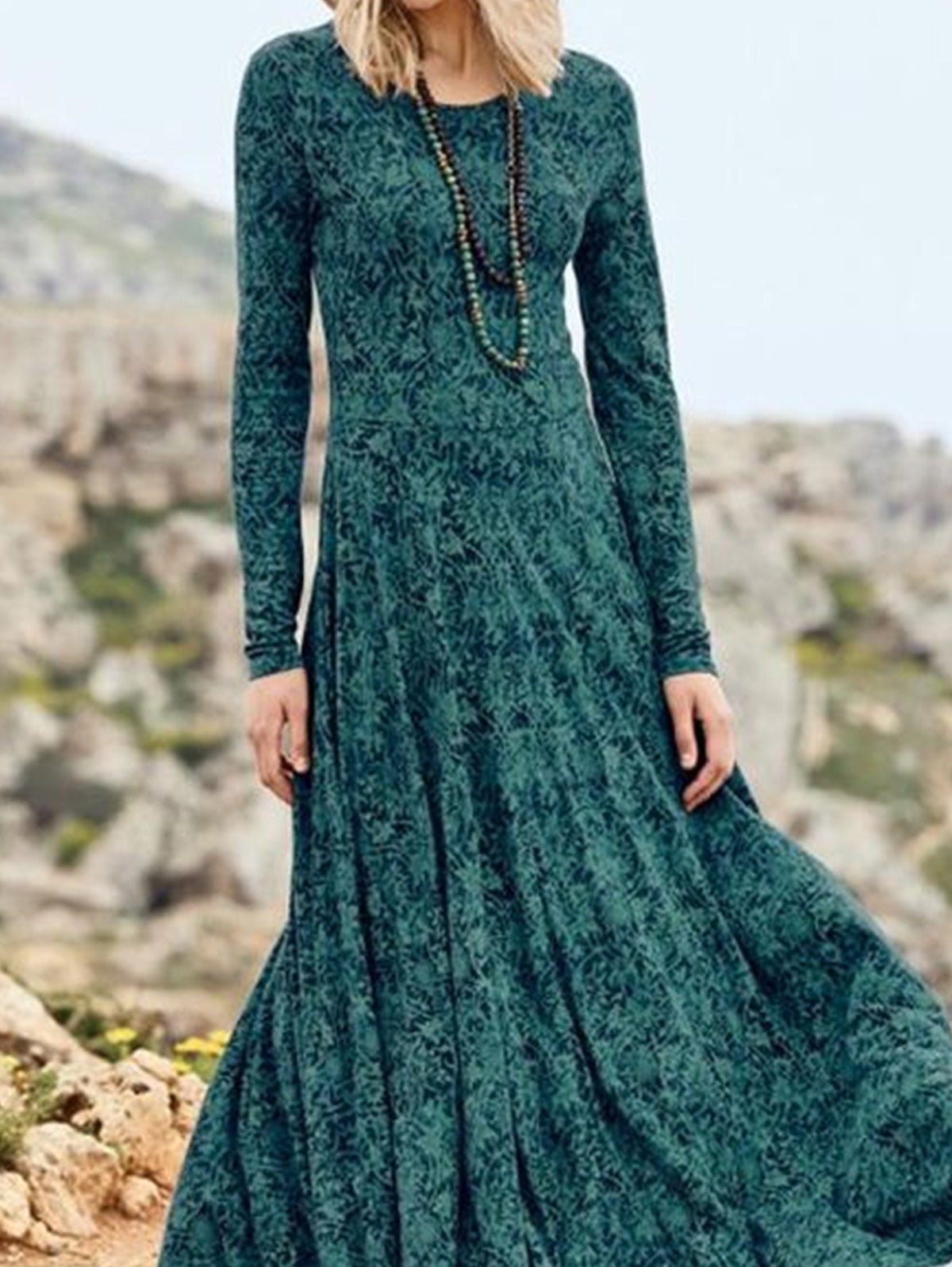 Boho Crew Neck Long Sleeve Dress