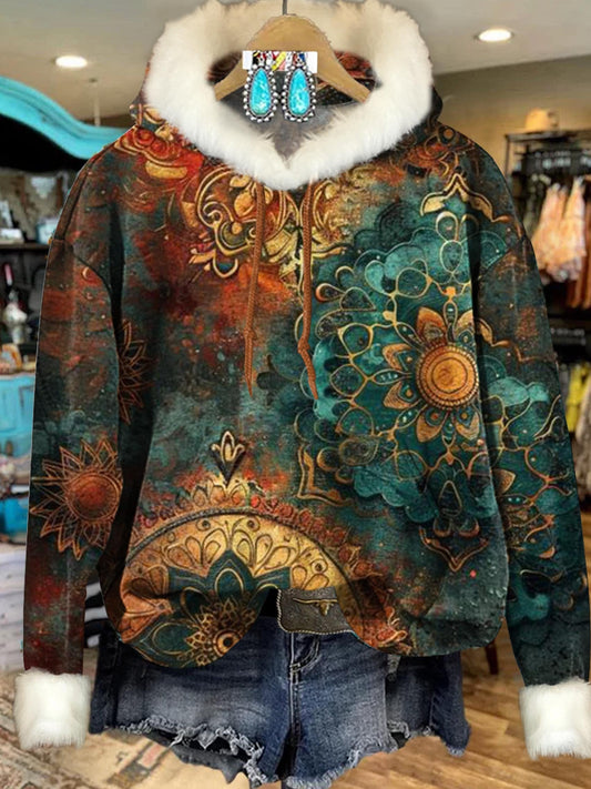 Vintage Floral Texture Art Print Imitation Rabbit Fur Trim Casual Hoodie Sweatshirt