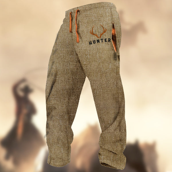 Men's Vintage Hunter Elk Logo Linen Texture Print Casual Sweatpants