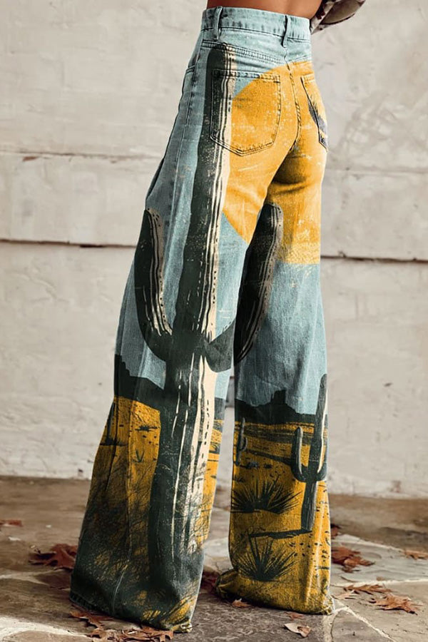 Weatern Art Print Casual Wide Leg Pants