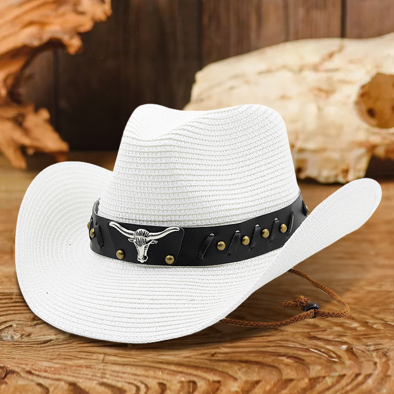 Western Bull Head Belt Cowboy Straw Hat