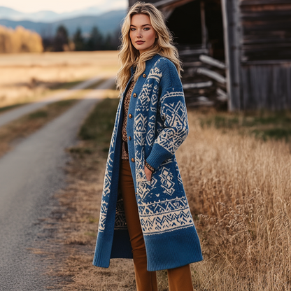 Women's Vintage Western Aztec Print Patterns Blue Long Sleeved Woolen Coat Jacket