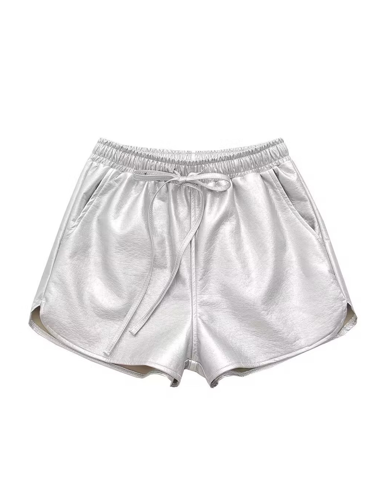 High Waist  Elastic  Drawstring Leather Wide Leg Shorts Women Thin Straight