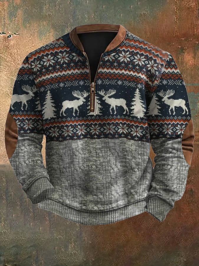 Men's Retro Christmas Print Zip Collar Sweatshirt