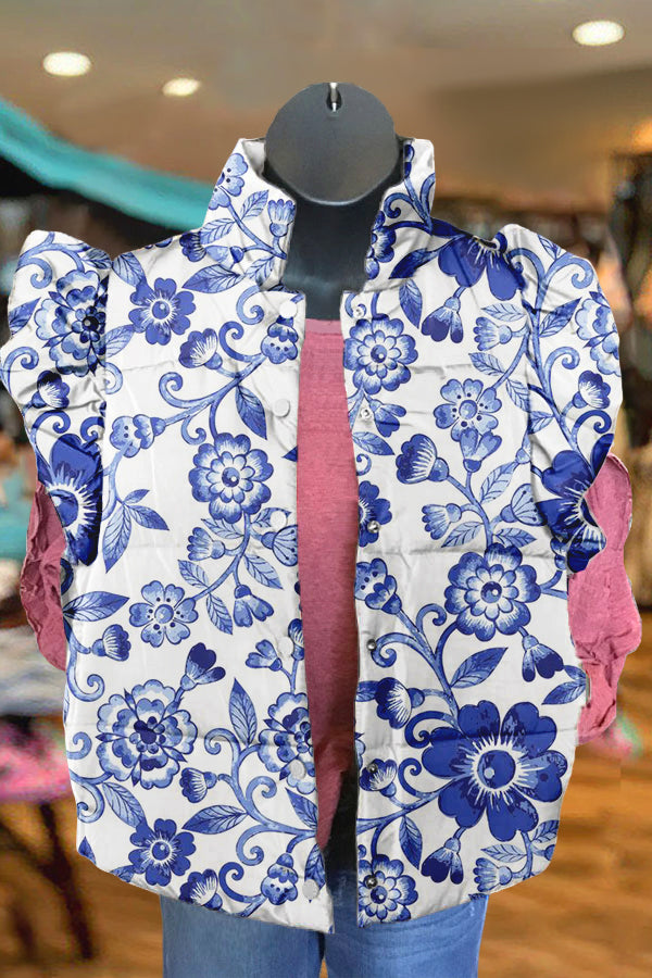 Elegant Blue Floral Print Ruffle Vest