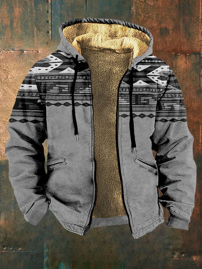 Men's Vintage Style Printed Plush Hooded Jacket