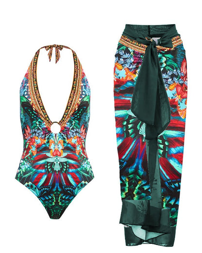 Vintage Butterfly Print Deep V One Piece Swimsuit And Cover up