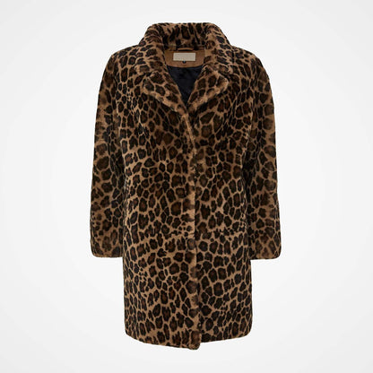 Women's Vintage Leopard Print Fleece Mid-Length Revere Collar Shearling Coat Jacket