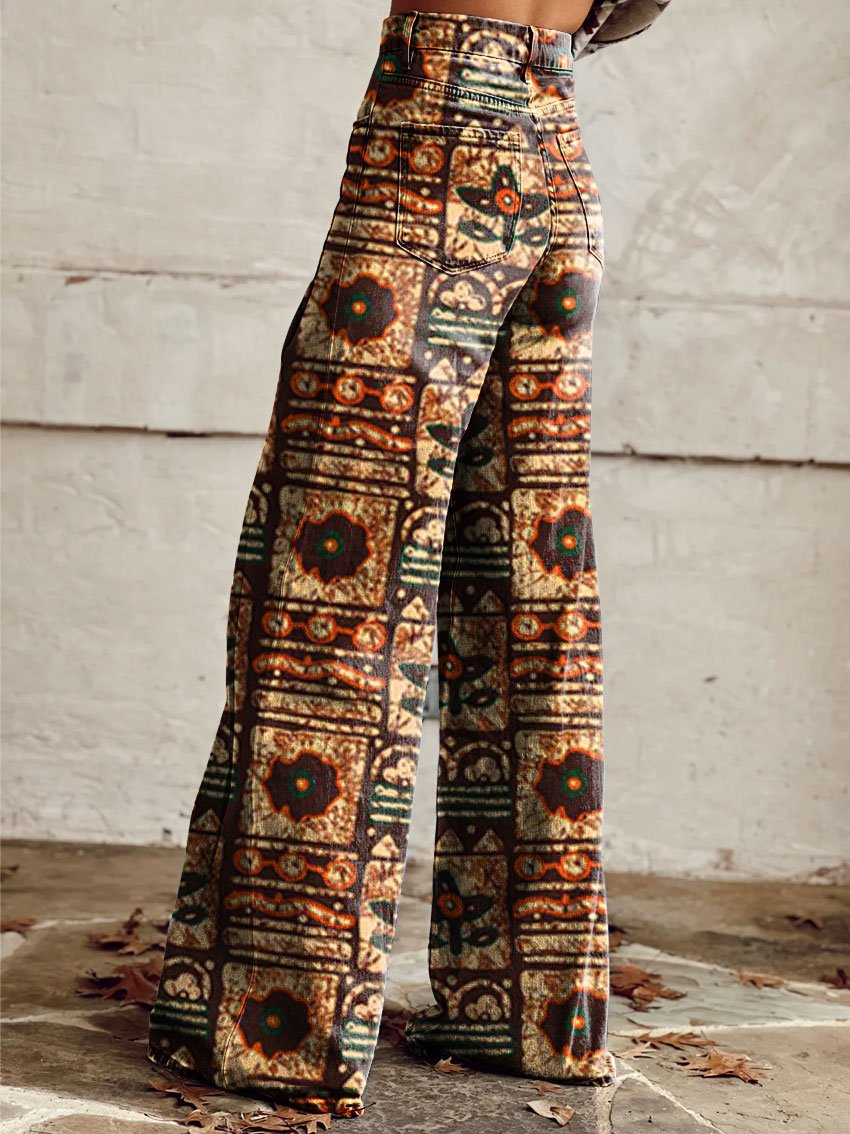 Women's Vintage Print Casual Wide Leg Pants