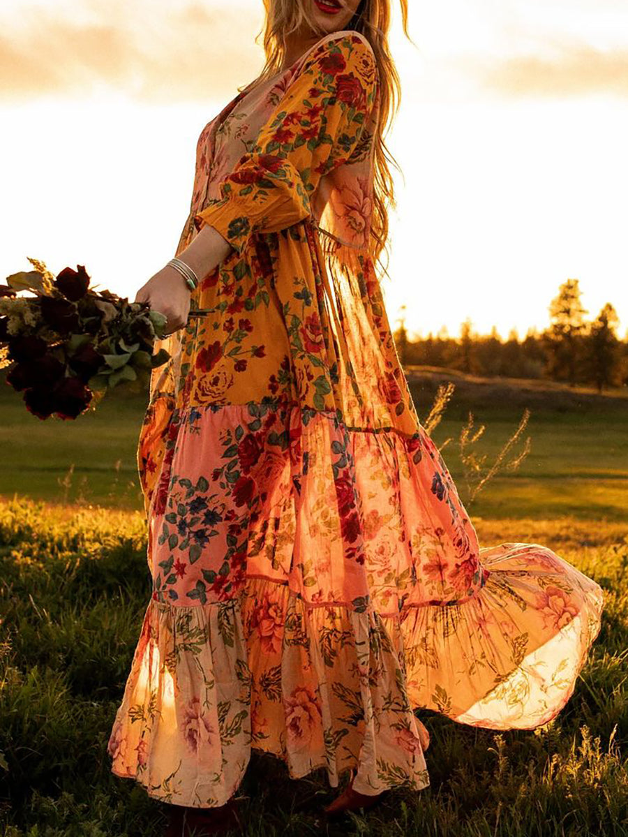 Boho Floral Print V Neck Long Dress Dress