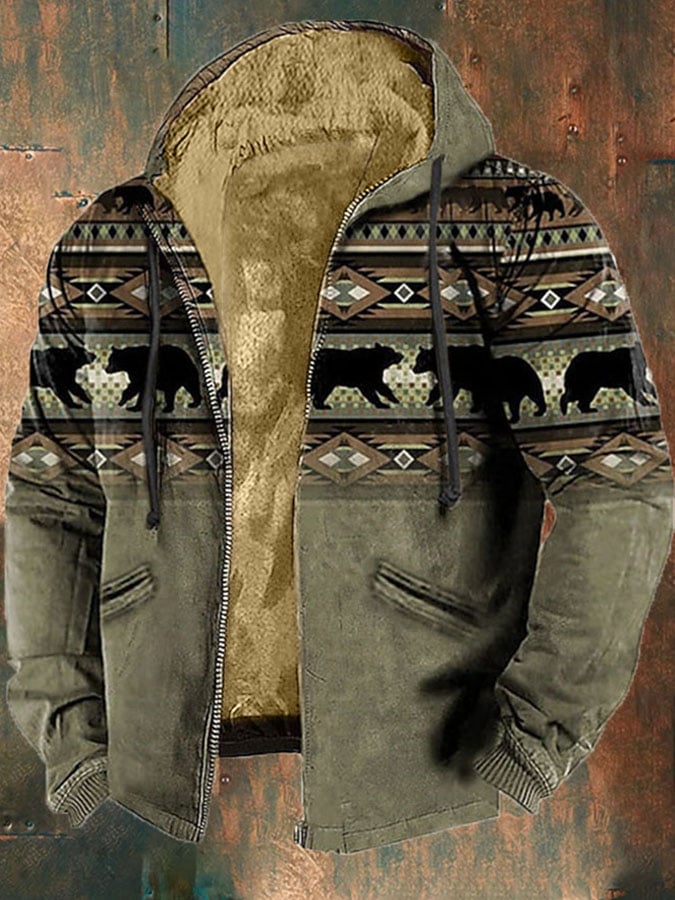 Men'S Retro Western Print Cotton Zipper Outerwear