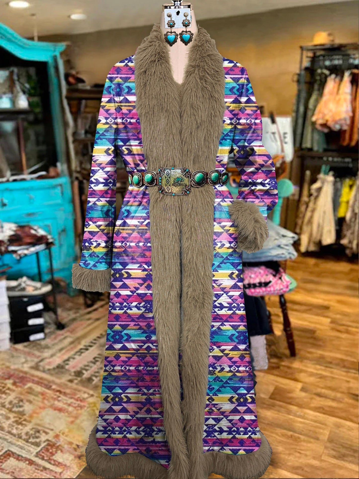 Women's Purple Vintage Aztec Printed Fur Patchwork Suede Long Afghan Coat