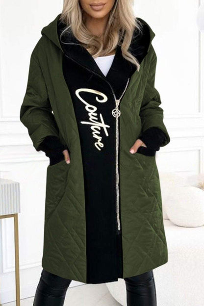 Women's Hooded Zippered Letter Print Long Coat