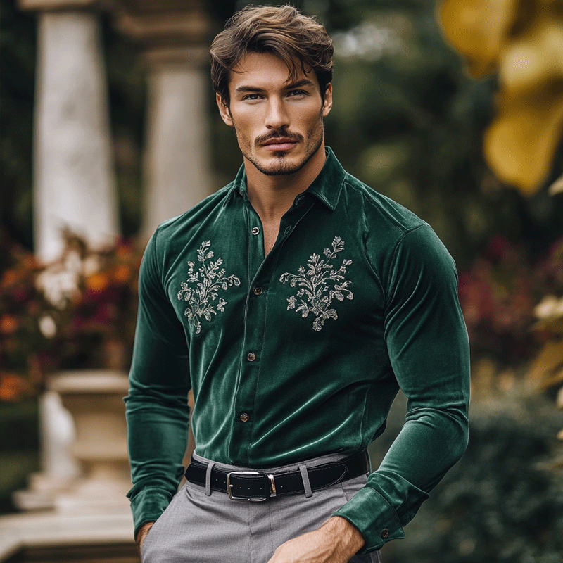 Men's Regular Fit Crushed Embroidery Emerald-green Velvet Shirt