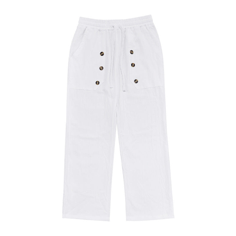 Men's Casual Hawaii Beach Multi Button Cotton Linen Trousers