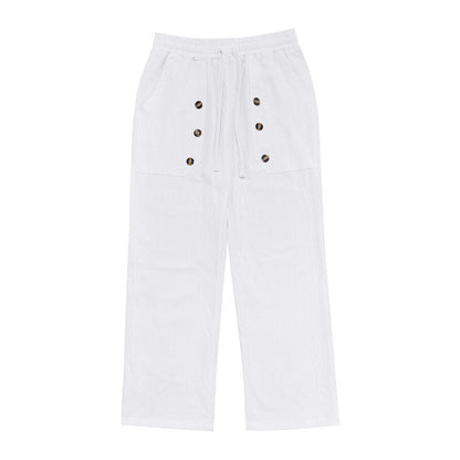 Men's Casual Hawaii Beach Multi Button Cotton Linen Trousers