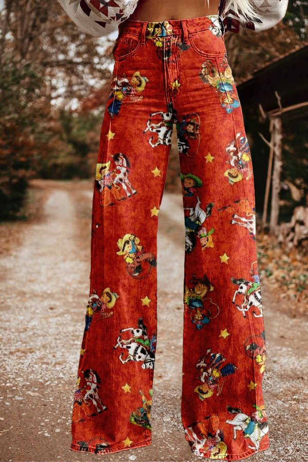 Vintage Western Rodeo Print Wide Leg Pants