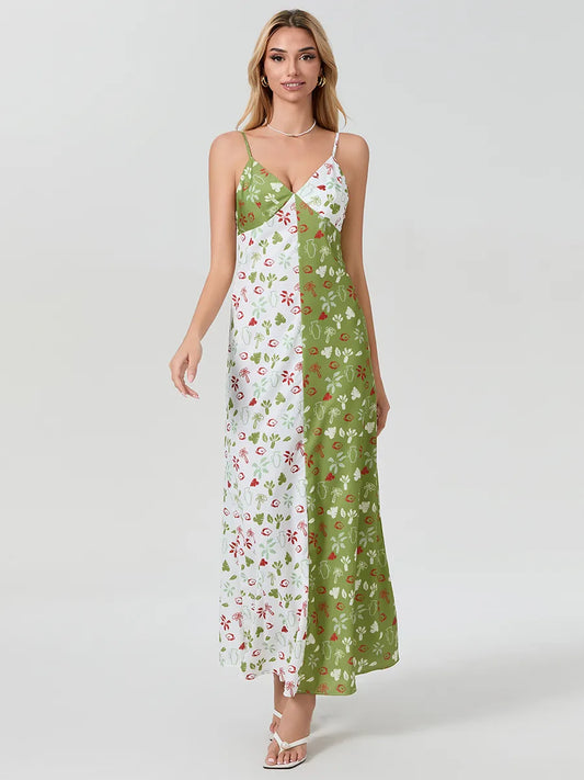 Color Contrast Print Patchwork Halter Maxi Dress