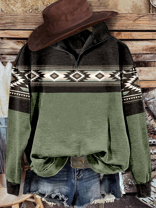 Green Aztac Print Casual Long Sleeve Zip Sweatshirt